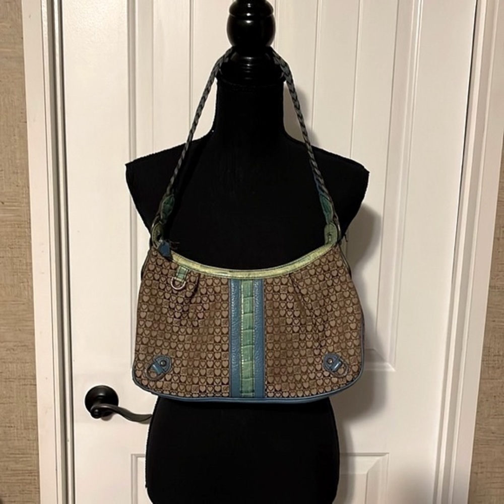 Brighton Teal Brown Logo Faux Crocodile Handbag Satchel Leather